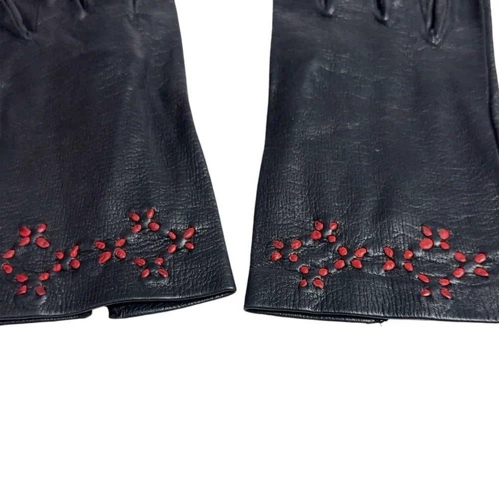 Womens Vintage Leather Gloves with Red Embroidered Accent Unlined